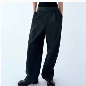 Zara Black Pinstripe High Rise Elastic Waist Wide Leg Palazzo Pants / Trousers M